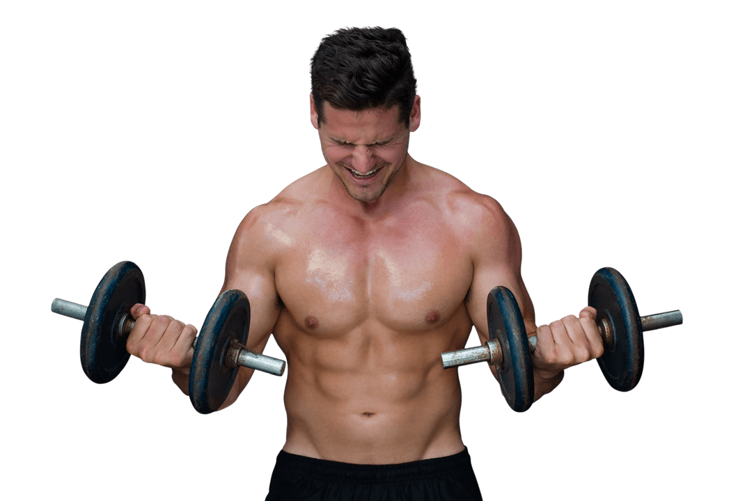 Transparent Muscular Man Lifting Dumbbells in Workout