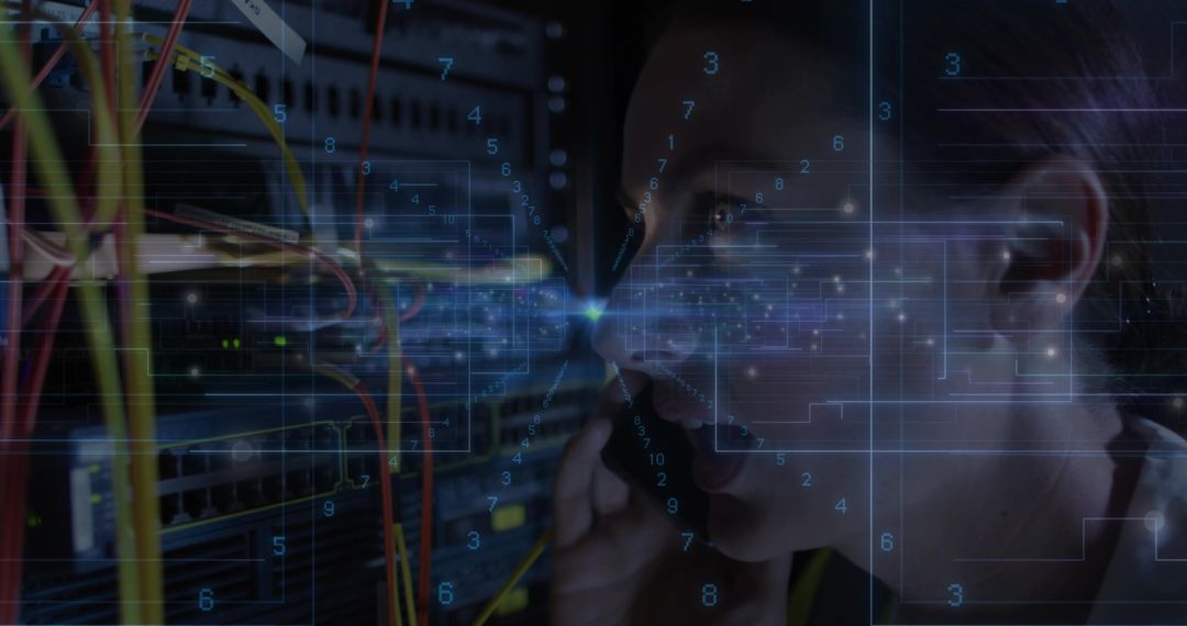 Technician Holding Handset Connecting Colorful Network Cables in Server Rack Data Overlay