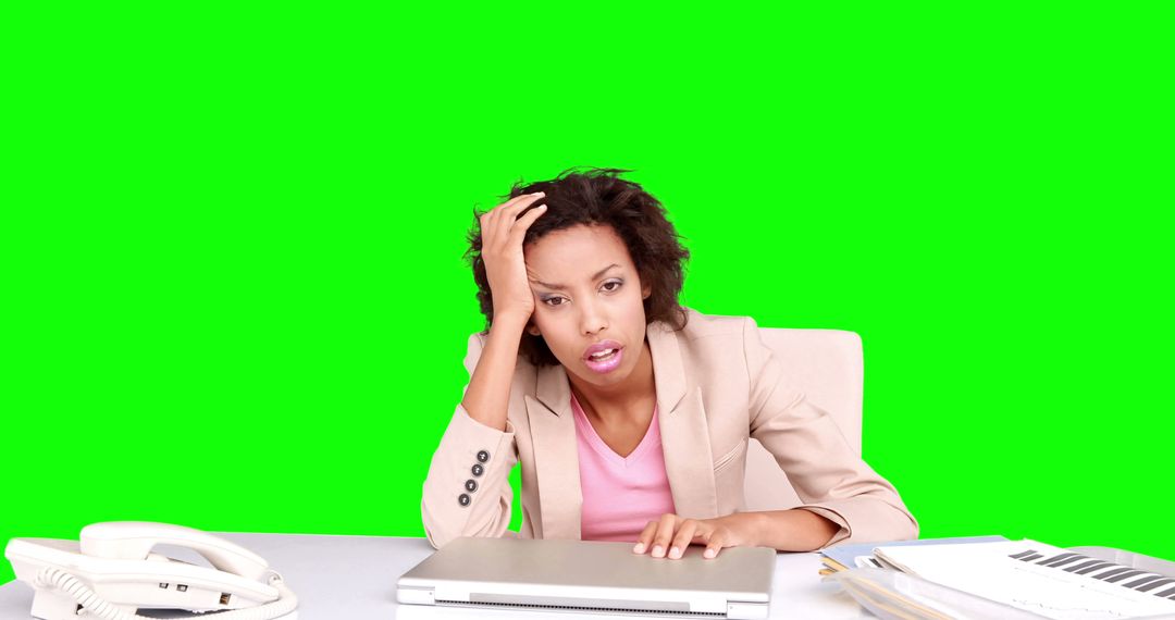 Frustrated Businesswoman Sitting at Desk with Laptop and Paperwork - Free Images, Stock Photos and Pictures on Pikwizard.com