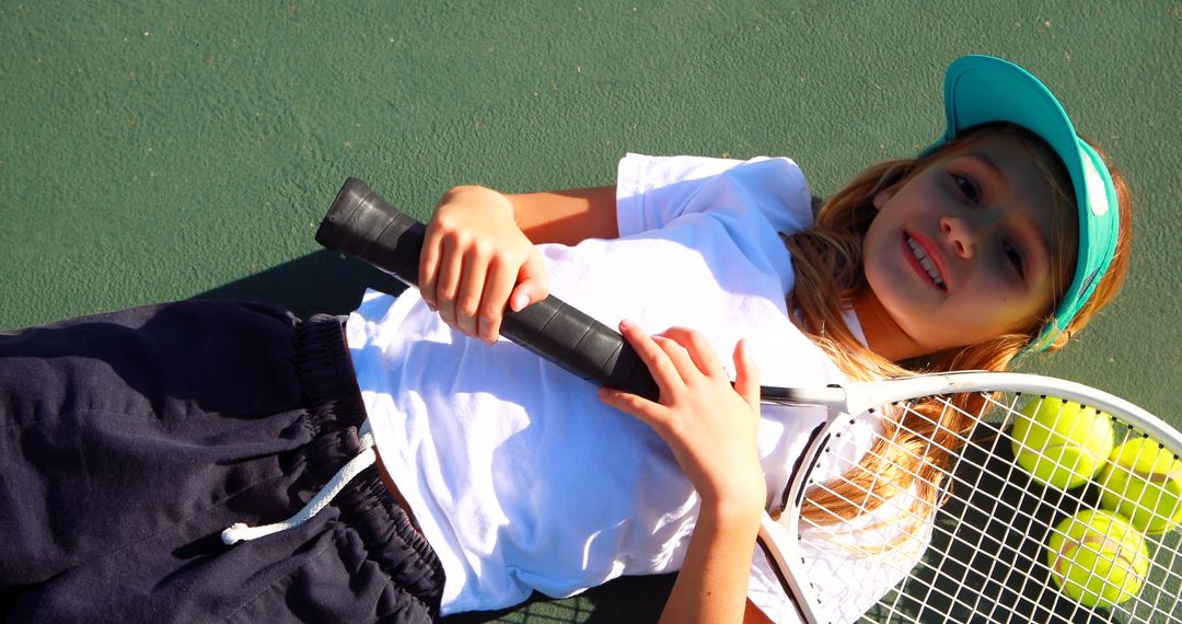 Happy Young Girl Relaxing on Tennis Court with Racket - Free Images, Stock Photos and Pictures on Pikwizard.com