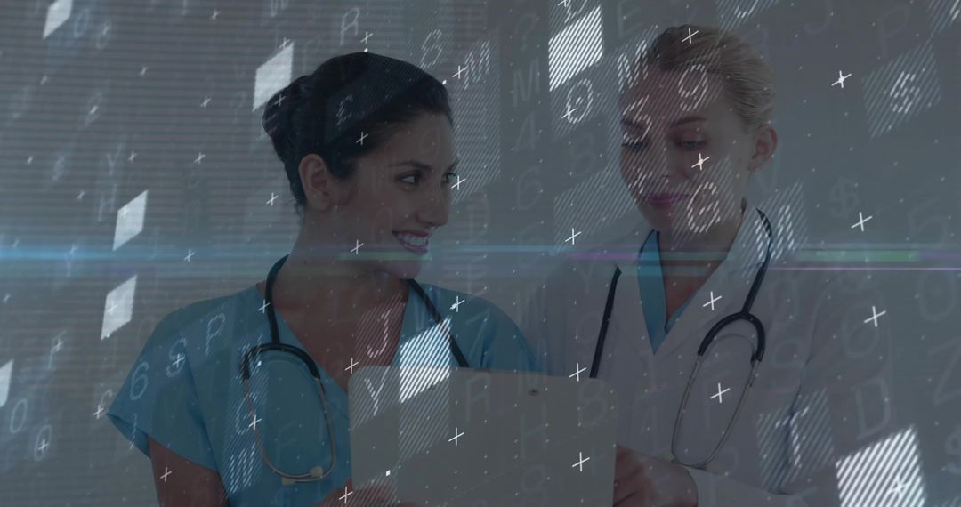 Healthcare Professionals Analyzing Data with Technological Overlays