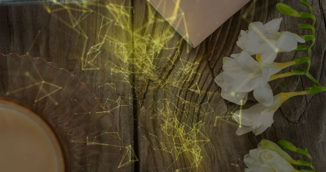 Freesia Blooms with Coffee and Modern Digital Overlay on Rustic Wooden Table