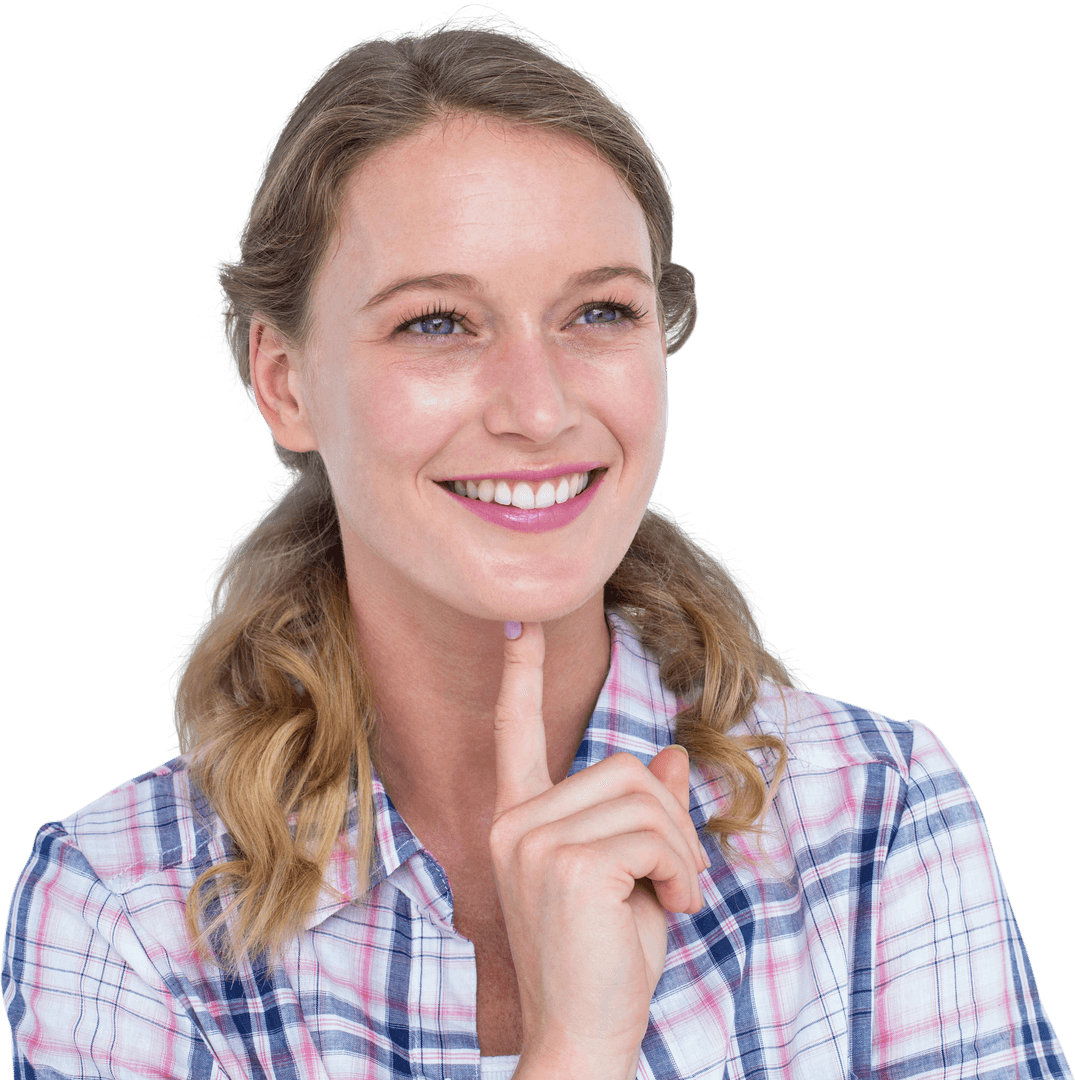 Transparent Woman Smiling in Plaid Shirt with Thoughtful Pose
