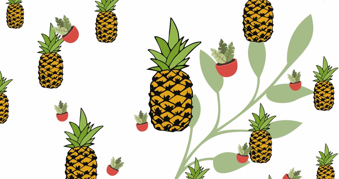 Colorful Pineapple and Potted Plants Pattern on White