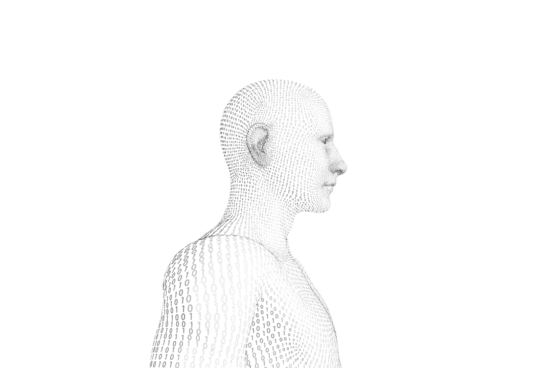 Digital Transparent AI: 3D Male Figure with Binary Code Overlay