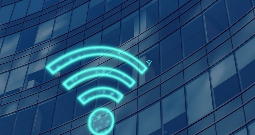 Digital WiFi Icons Over Modern Building Facade