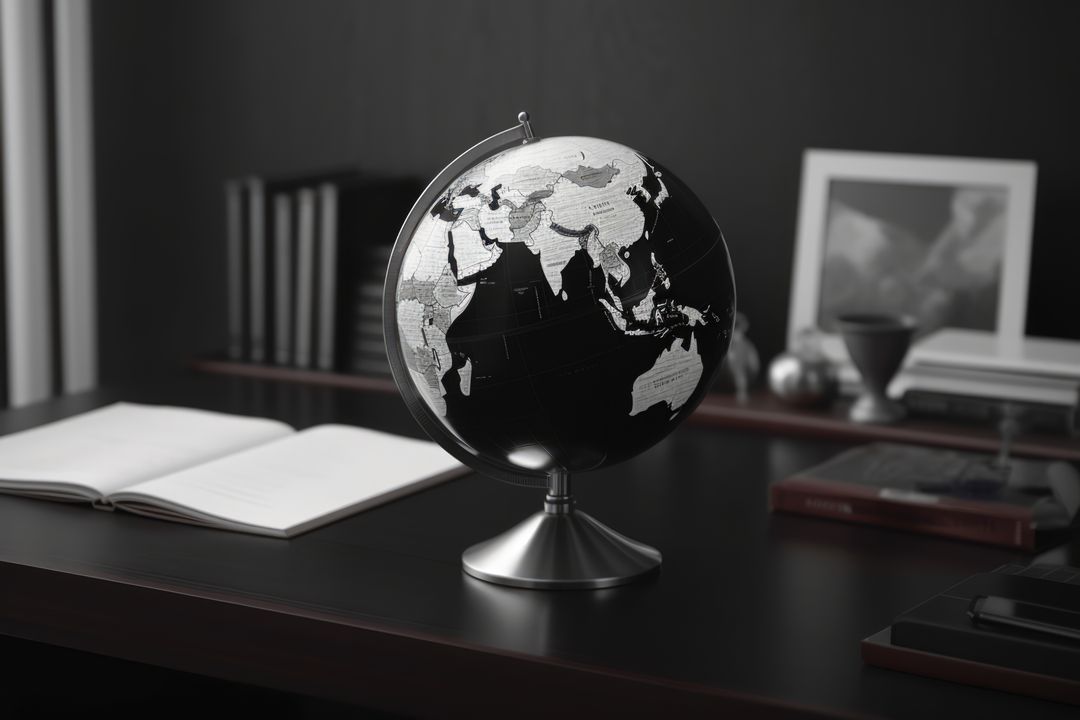 A stylish black globe sits on a desk, with copy space - Free Images, Stock Photos and Pictures on Pikwizard.com
