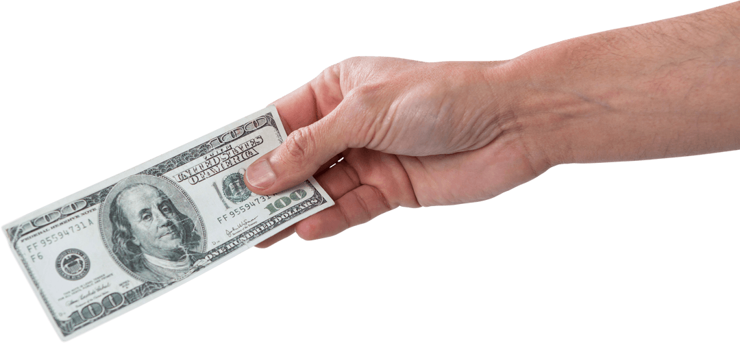 Hand giving one hundred dollar bill with transparent background