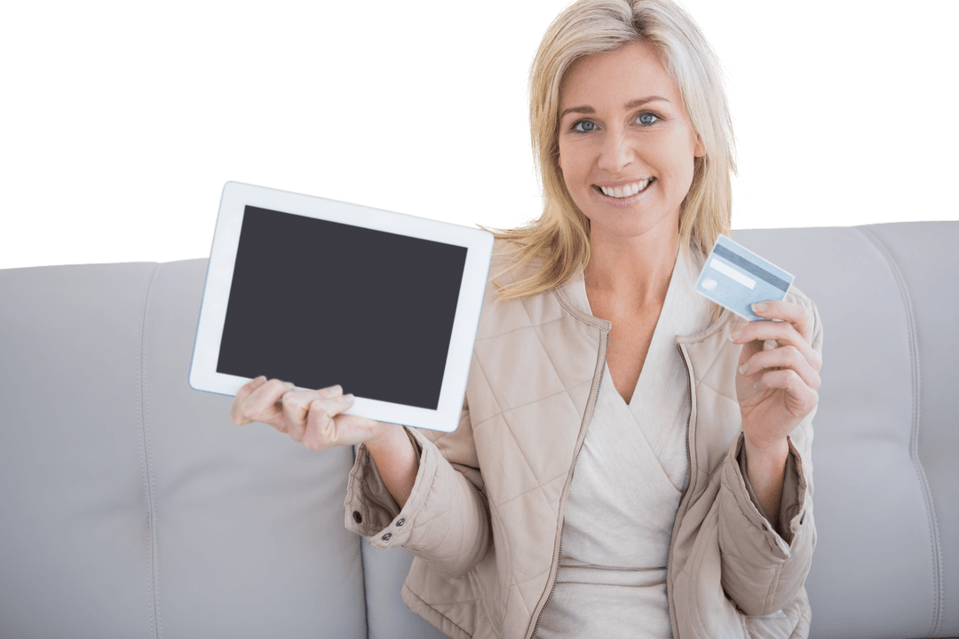 Woman Using Tablet and Credit Card on Transparent Background