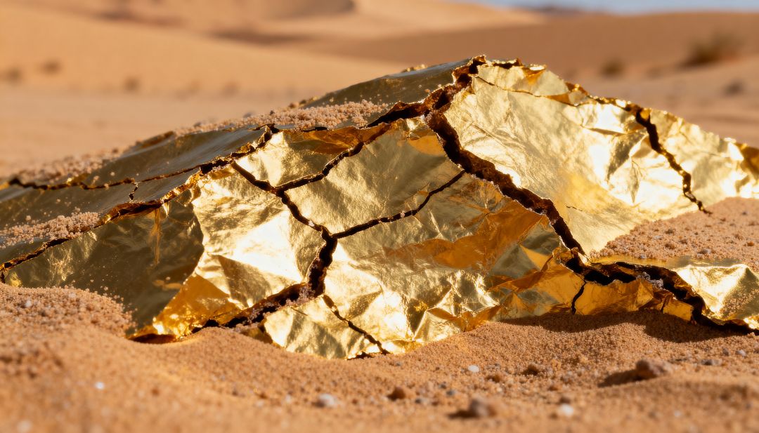 Glinting Crumpled Gold Foil Partially Buried in Red Desert Sand with Cracked Texture