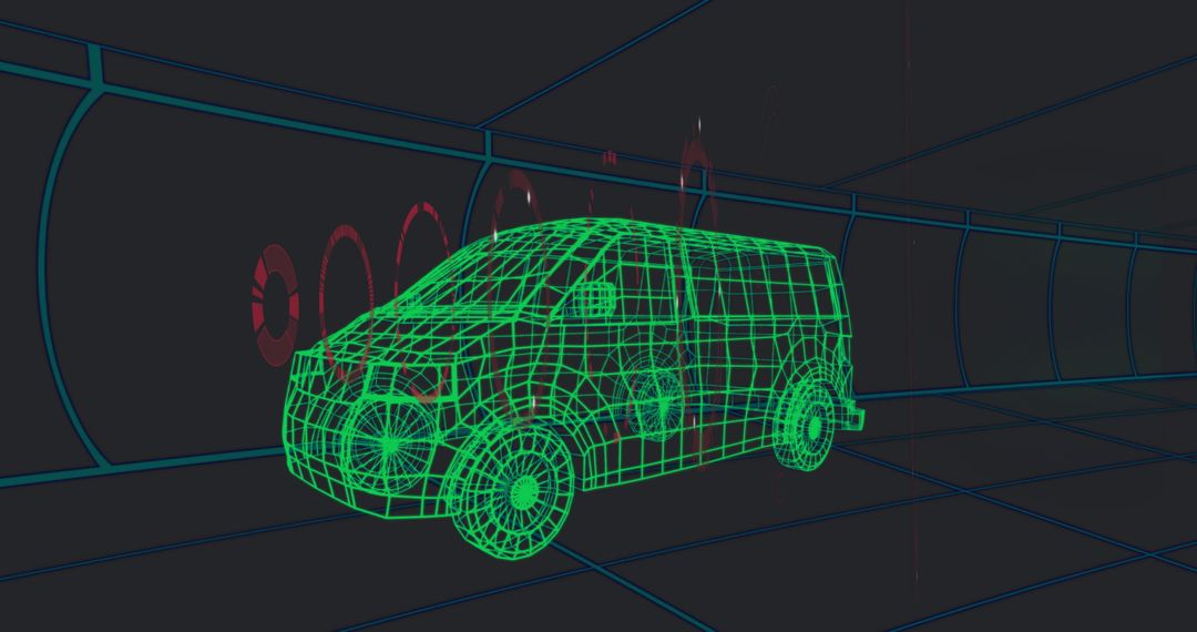 Futuristic 3D Wireframe Van in Digital Tunnel Environment