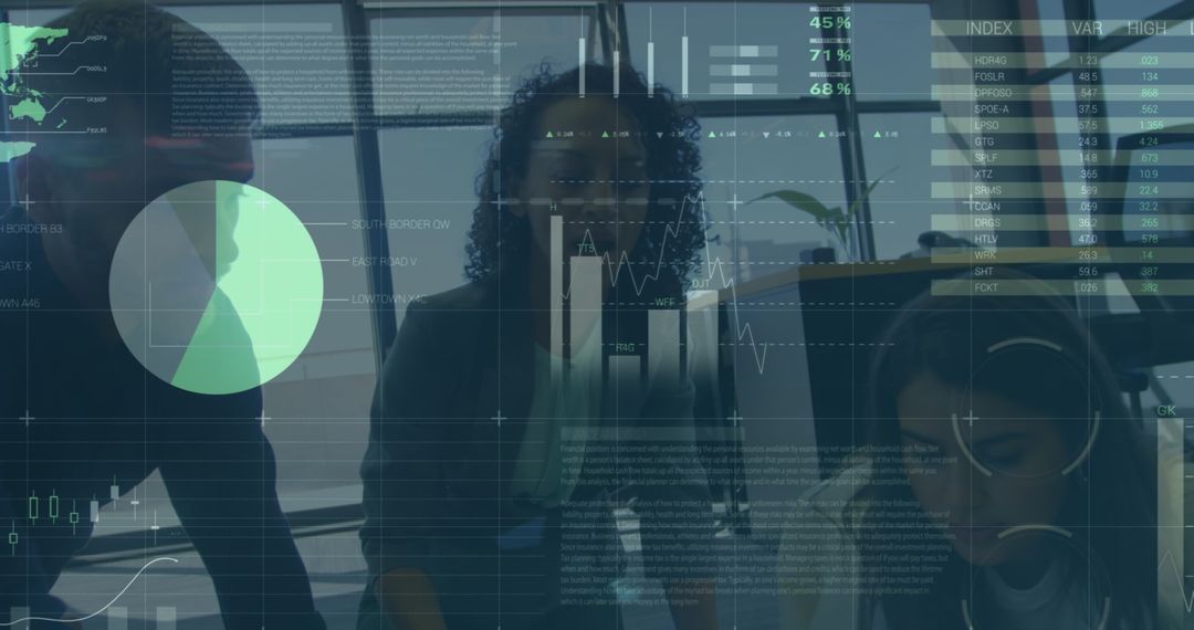 Diverse Team Analyzing Financial Data with High-Tech Graphs