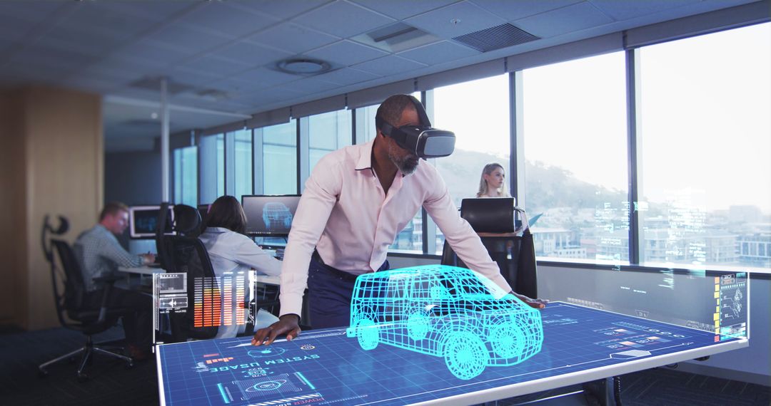 Man Using VR Headset for 3D Car Design in Modern Office Environment