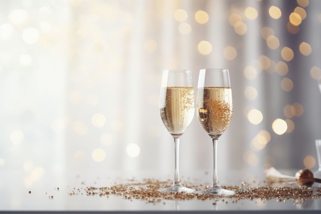 Champagne Flutes with Sparkling Wine and Gold Confetti on Elegant Table - Free Images, Stock Photos and Pictures on Pikwizard.com