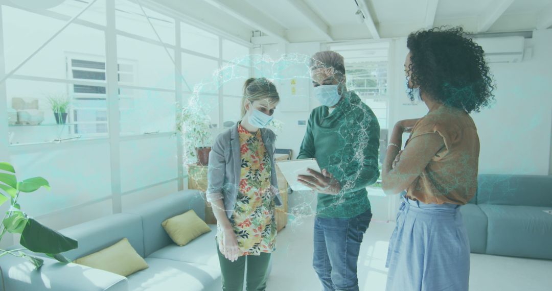 Business Colleagues Wearing Masks Discussing Digital Brain Projection