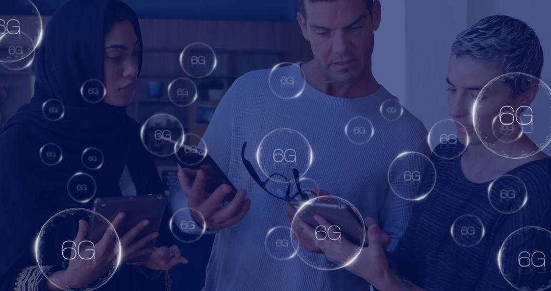 Diverse Colleagues Using Tablets with Concept of 6G Network