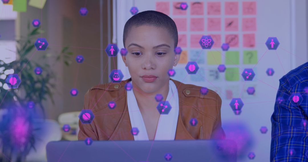 Focused Woman Engaging in Technology with Digital Network Overlay