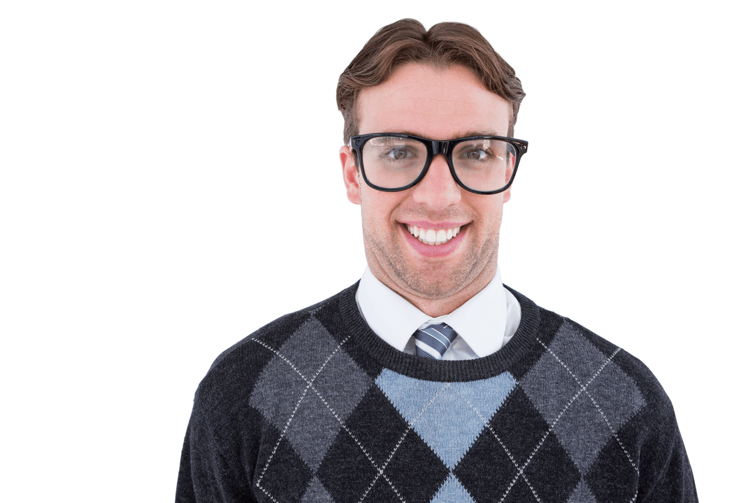 Nerdy Hipster Wearing Glasses Smiling at Camera on Transparent Background