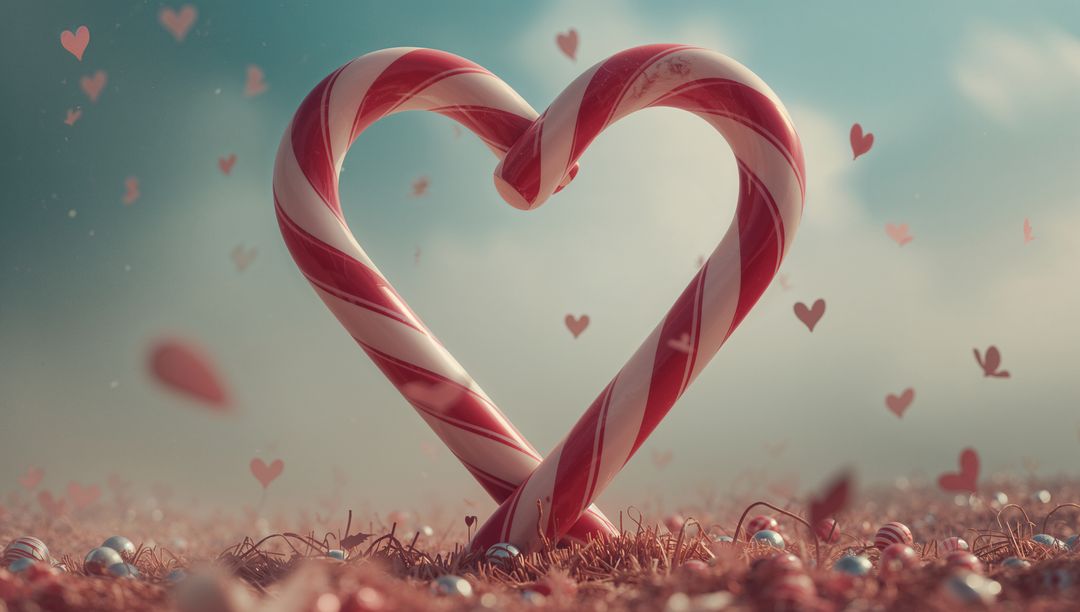 Candy Cane Heart on Glittering Surface with Festive Hearts