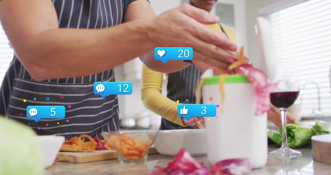 Couple Peeling Vegetables Together in Bright Kitchen with Social Media Reactions
