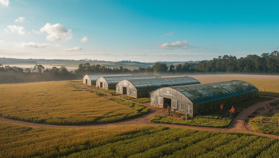 Morning Scene at Crop Field Greenhouses with Walking Workers