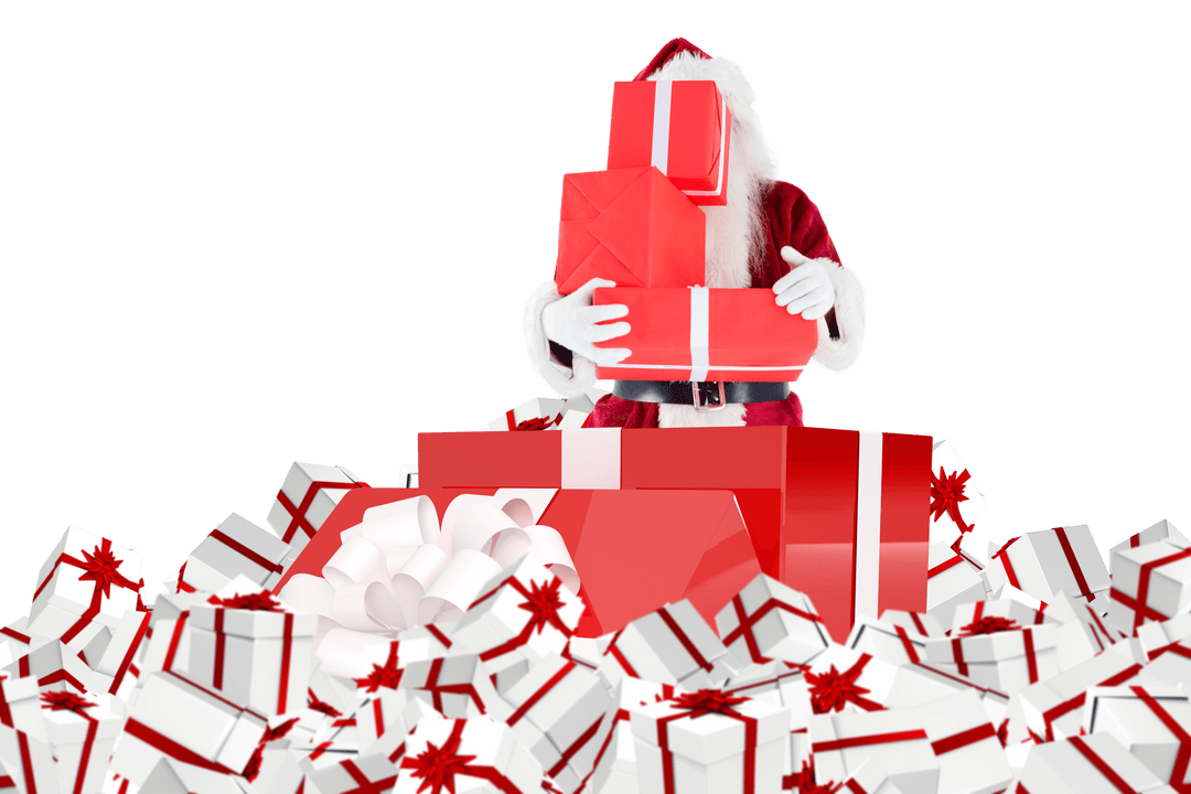 Transparent Santa Claus Holding Stack of Christmas Gifts