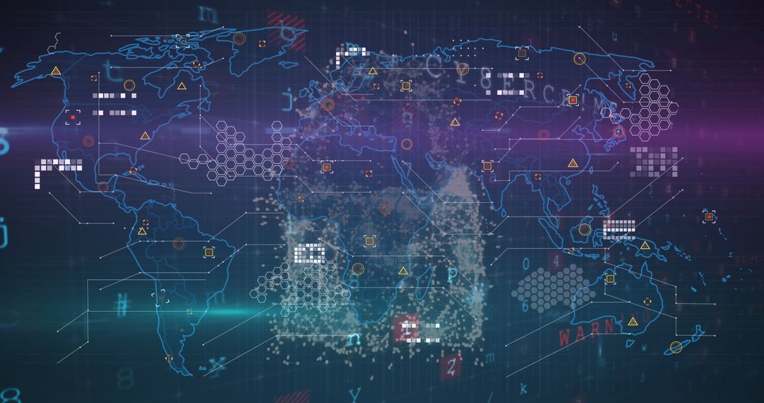 Futuristic World Map Infographic with Digital Networks and Data Overlay
