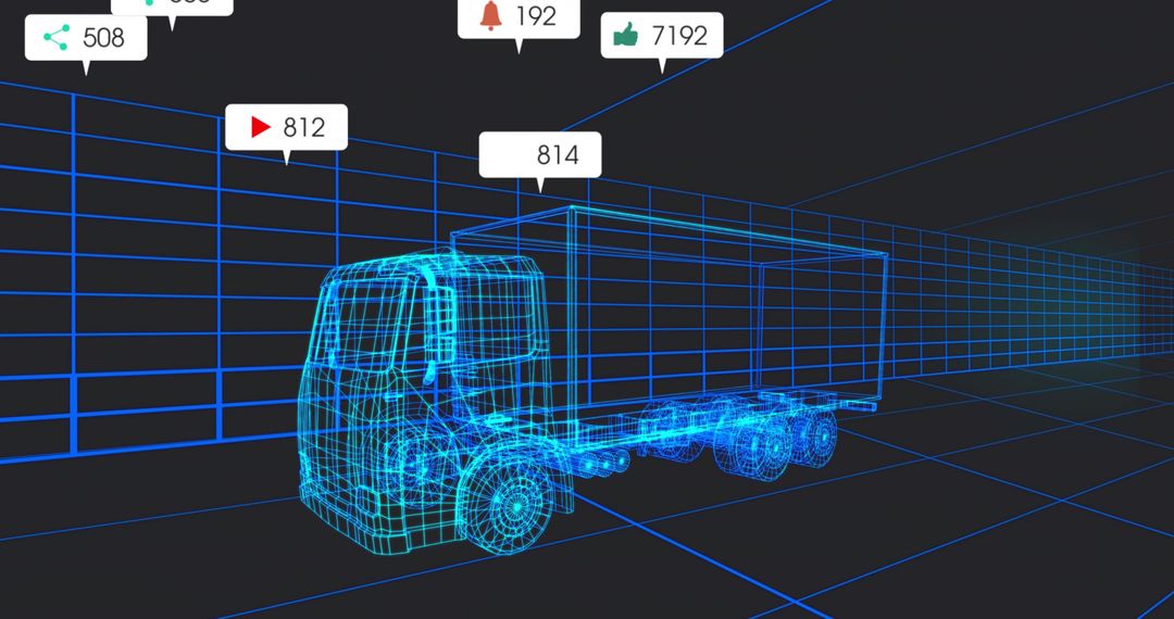 Visualizing Neon Wireframe Box Truck on 3D Grid for Fleet Simulation and Logistics Tech