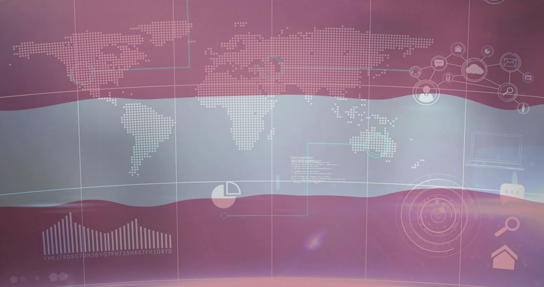 Dotted World Map Interface Over Pink Waves