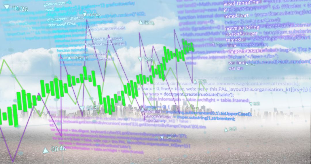 Abstract Graphs and Data Overlaid on Bright Cityscape