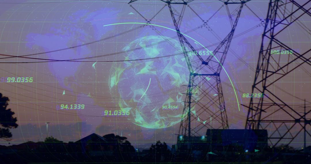 Futuristic Technology and Energy Data on Power Lines Scenery