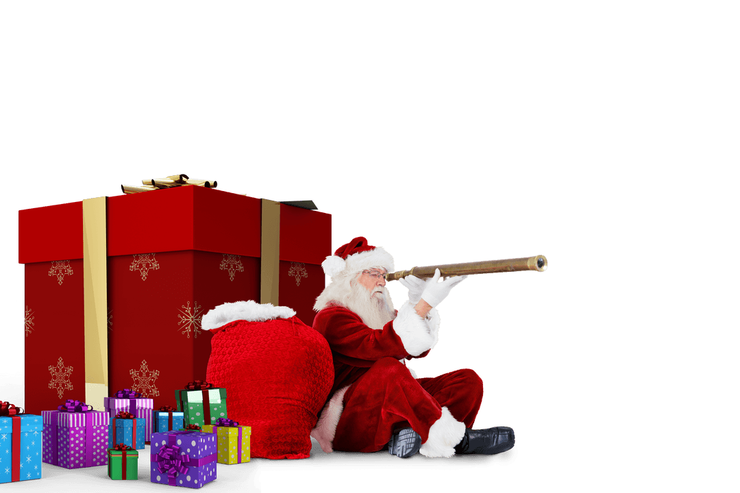 Santa Claus Observing with Telescope on Transparent Background