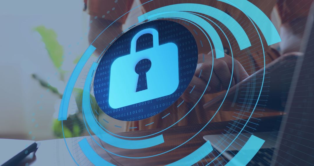Cybersecurity Concept with Padlock Icon Overlay and Professional Working