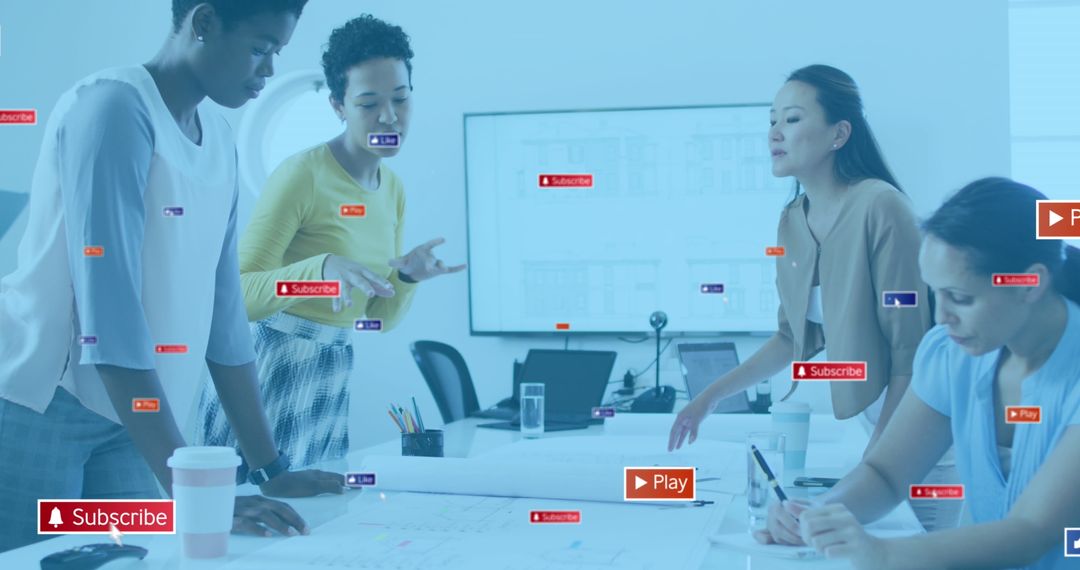 Diverse Business Team Collaborating with Social Media Interactions