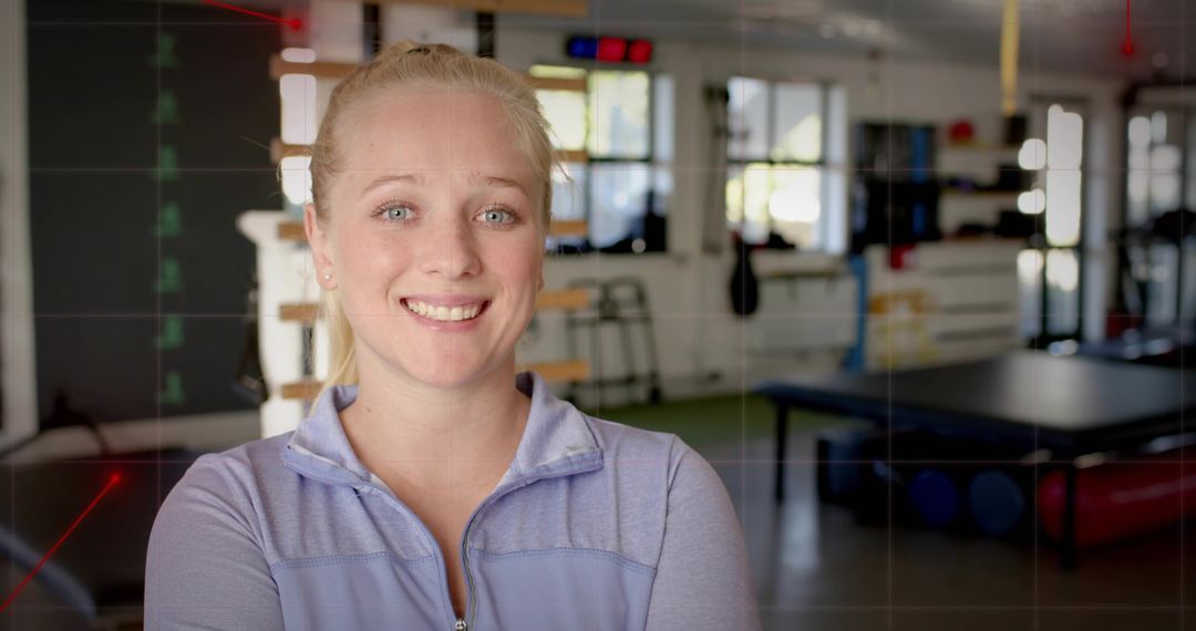 Smiling physical therapist wearing light purple jacket facing camera in rehab studio