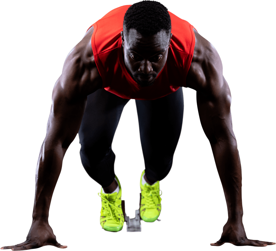 Transparent Energetic Male Sprinter at Starting Block Focused on Race