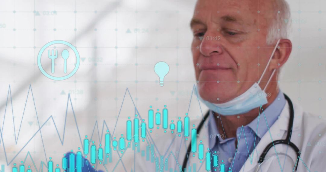 Senior Doctor Analyzing Digital Health Data with Stethoscope and Mask