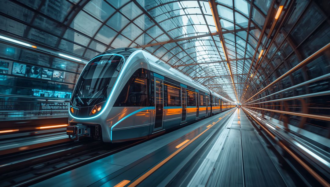 Silver Metro Train Gliding Through Glass Arched Tunnel With LED Light Trails