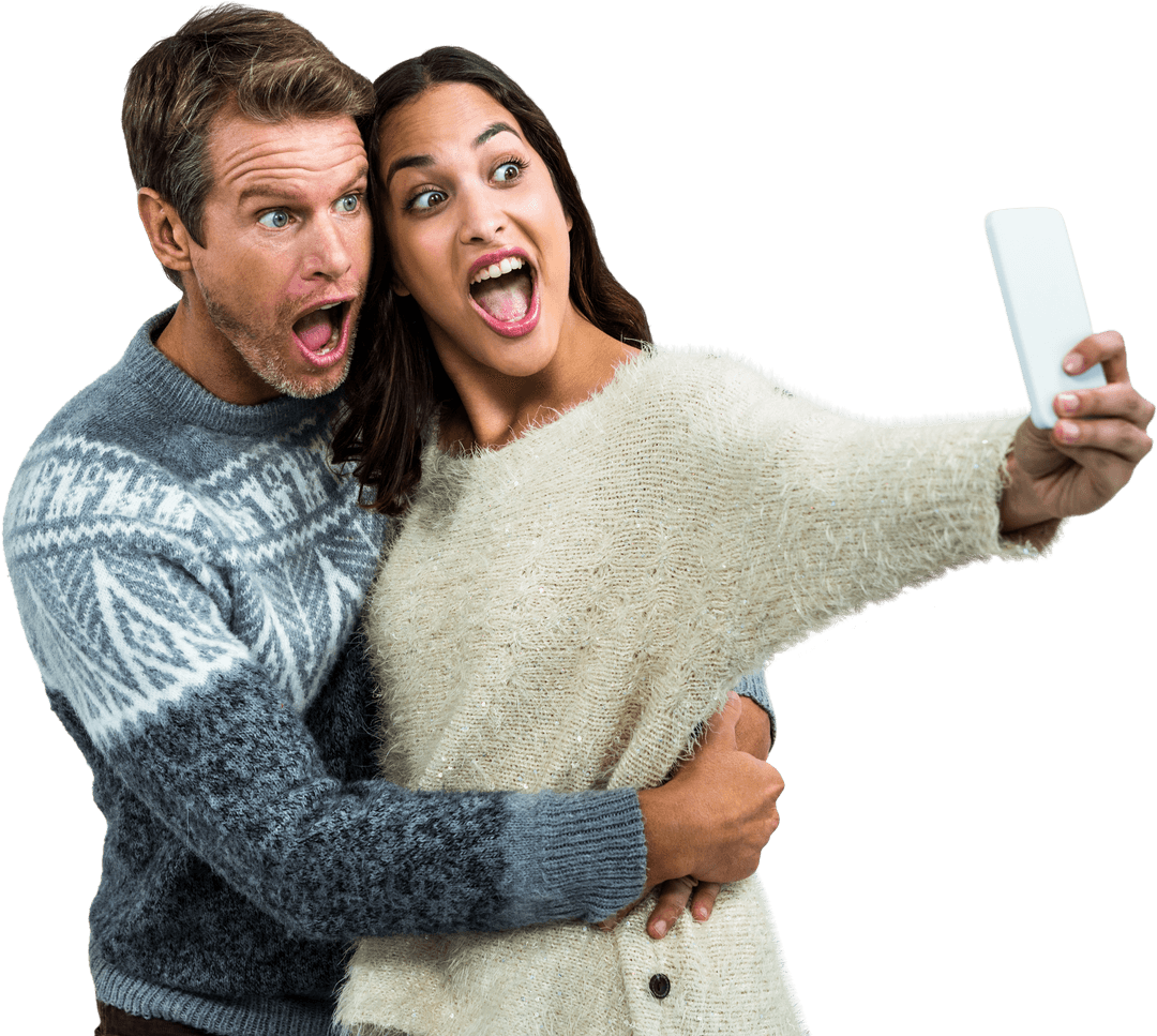 Cheerful Couple Taking Selfie Transparent Background