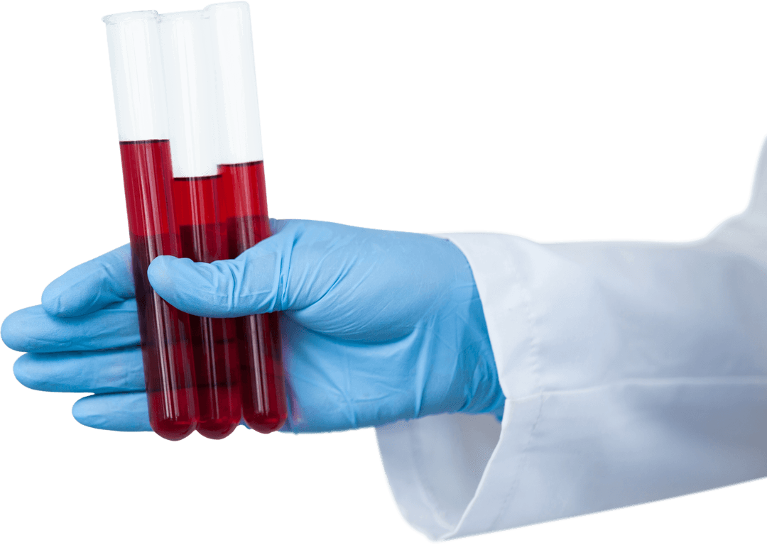 Transparent Gloved Hand Holding Test Tubes with Red Liquid