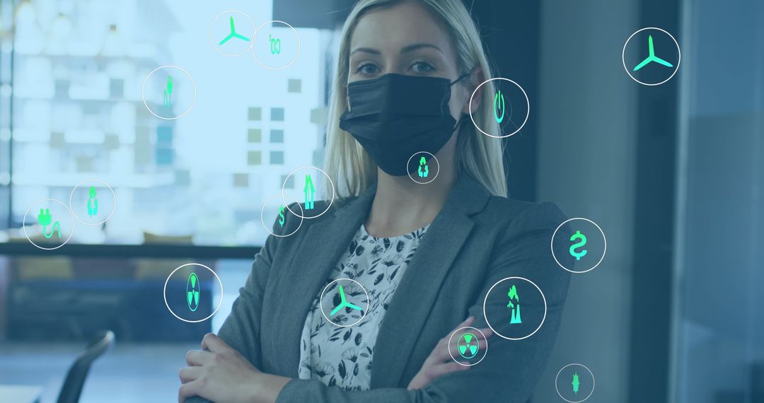 Businesswoman in Mask Surrounded by Eco-Friendly Digital Interface