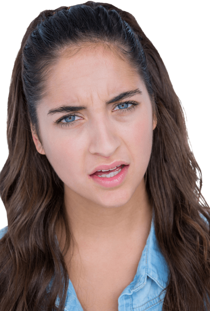 Brunette Woman with Curious Expression in Transparent Background