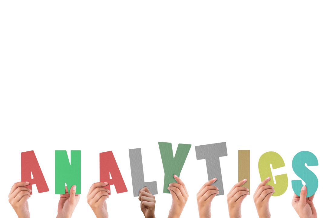 Hands Holding Analytics Text on Transparent Background