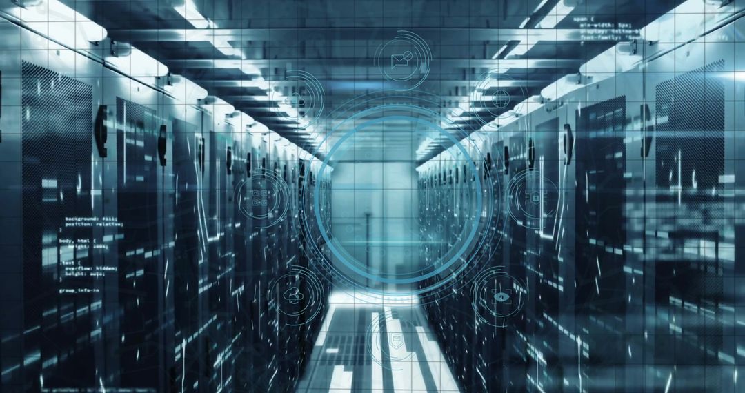 Futuristic Data Center Corridor with Digital Interface