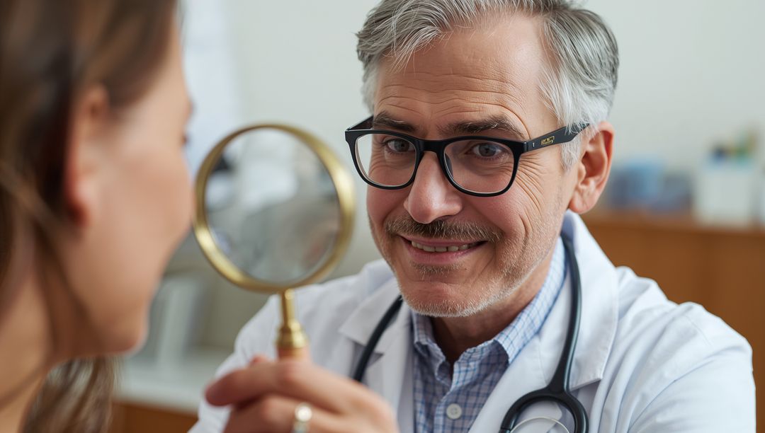 Senior Doctor Examines Patient with Magnifying Glass