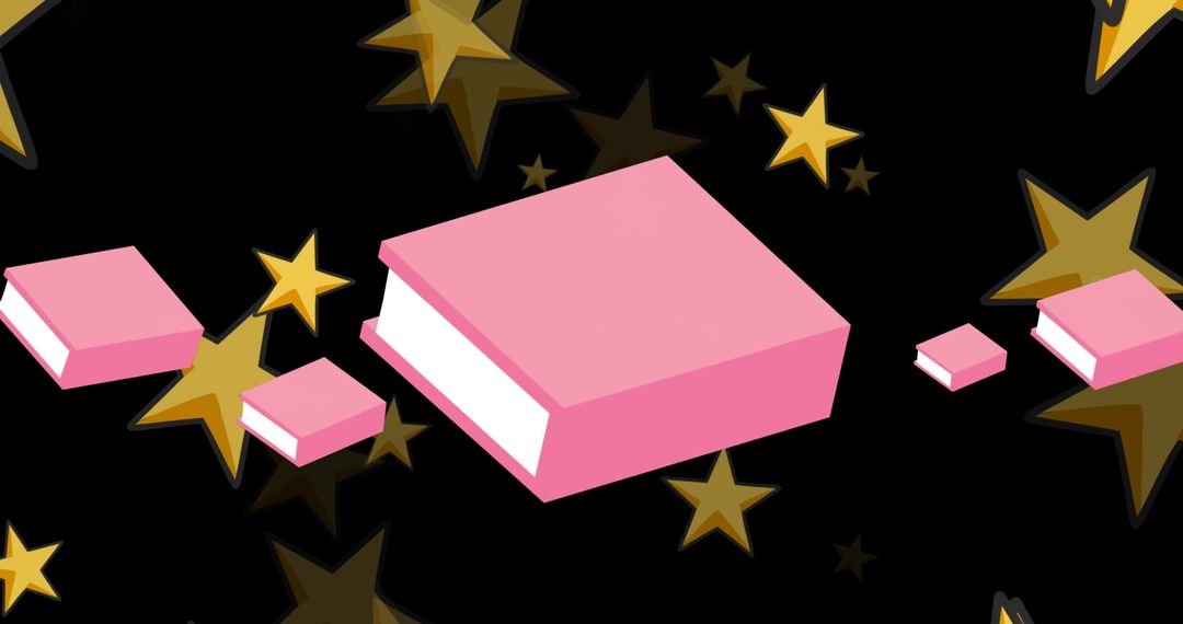 Floating Pink Books with Stars on Black Background