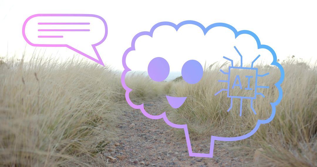 AI Brain Icon on Gravel Path Among Dry Grasses