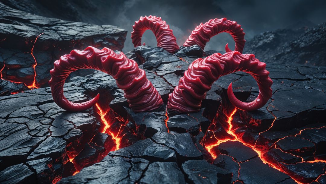 Demonic fleshy red tentacles emerging from lava-cracked basalt