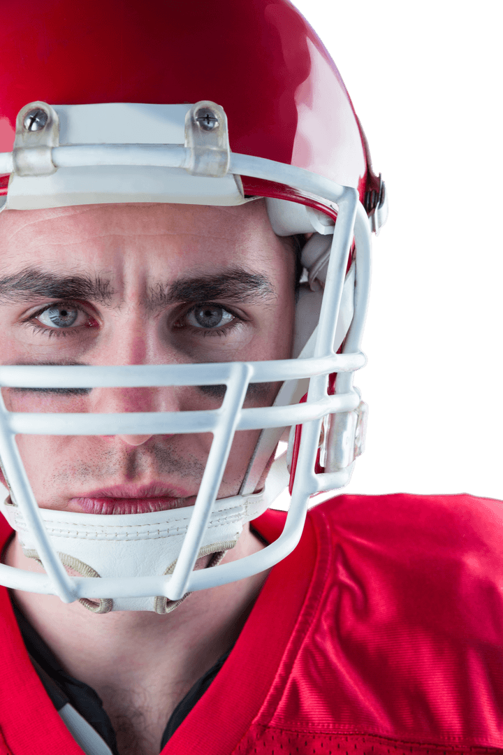 Serious American Football Player in Red Helmet on Transparent Background