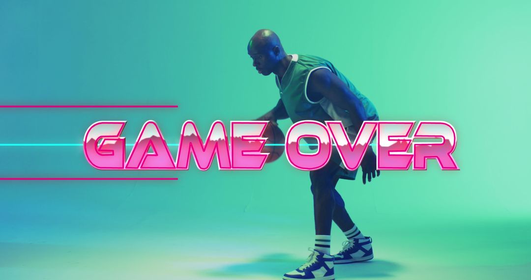 Game Over Neon Text with Basketball Player on Vibrant Background